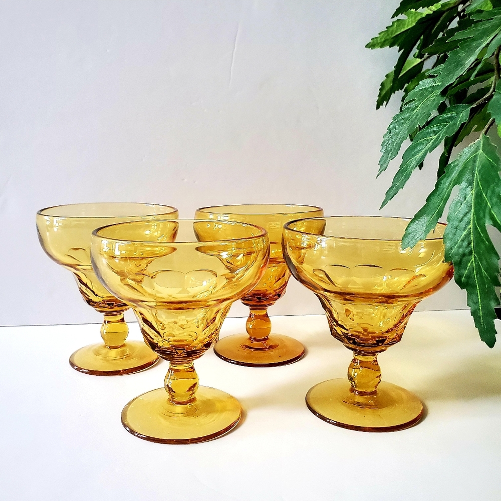 VTG Amber Glass Pedestal Dessert Bowls Servers 4pcs MCM Retro Regency Thumbprint